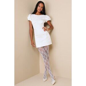 Lulus Exceptional Icon White Floral Jacquard Puff Sleeve Mini Dress - Size S
